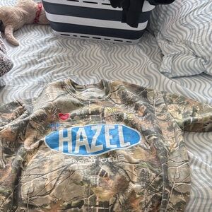 hazel Camo Crewneck with Bright Blue Logo